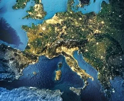 Satellite image of mainland Europe at night, with illuminated cities visible across France, Germany, Italy, and surrounding countries.